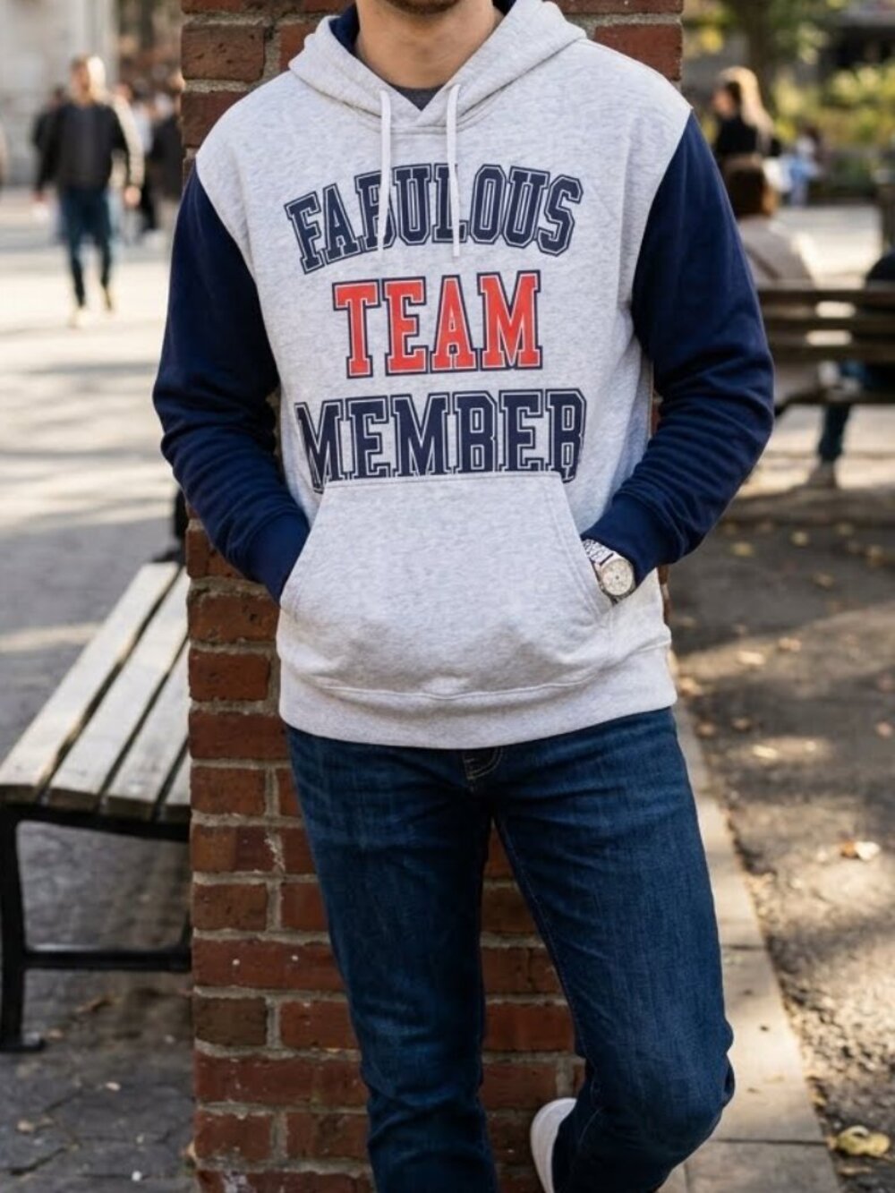 H&M Fabulous Team Member Colorblock Gray Blue Men's Pullover Hoodie Size XL